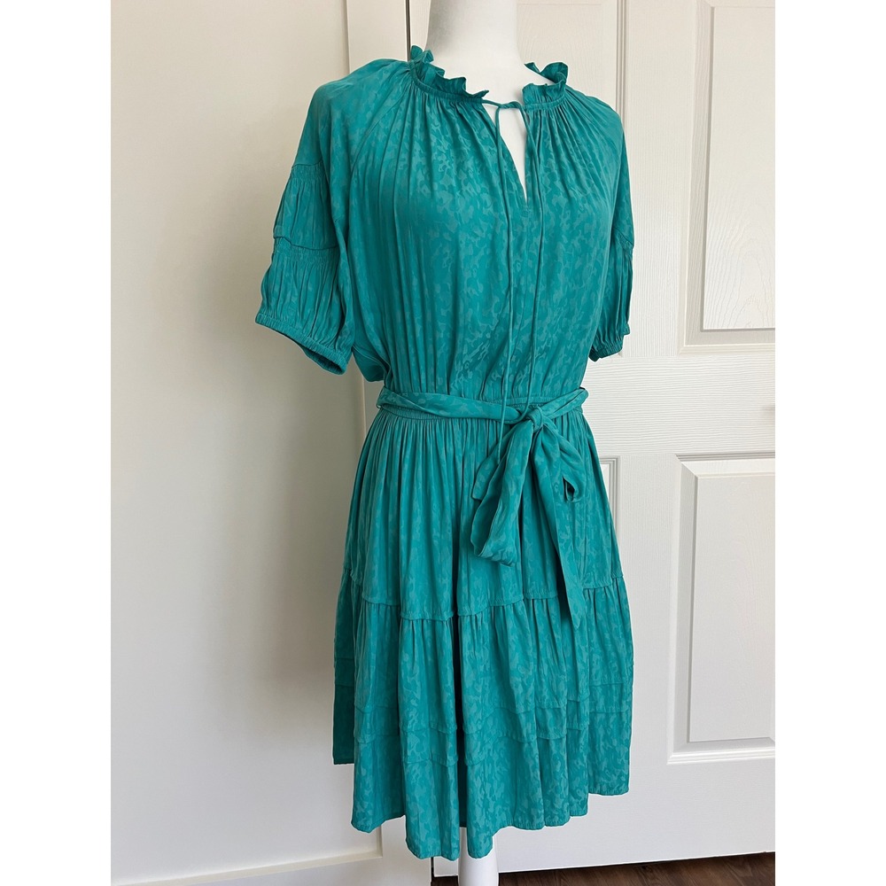 Current Air Teal‎ Jacquard Tiered Mini Dress Smocked Puff Sleeve NWT Size S